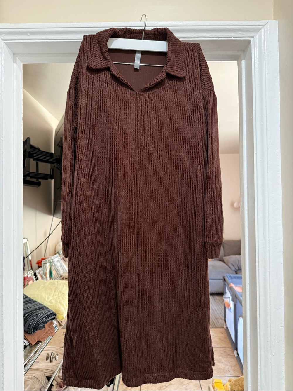 Mondetta Brown Long-Sleeve Knit Collared Sweater Dress
